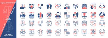 Eşit Fırsat simgesi seti. Irk, İnsan Hakları, Ayrımcılık, Cinsiyet, İnsan Irkı, Din, Toplum, Engeller. Duotone rengi katı ve düzenlenebilir dış hat simgeleri