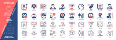 Deneyim simgesi ayarlandı. Fenomenoloji, Algı, Geliştirme, Hayal gücü, Öğrenme, Kuram, Uygulama, Yenilik. Duotone rengi katı ve düzenlenebilir dış hat simgeleri