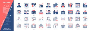 Casusluk ikonu seti. Cinayet, Organize Suçlar, Veri Sızıntısı, Siber Casusluk, Gizli Kamera, Hacker, Sabotaj, Şirket. Duotone rengi katı ve düzenlenebilir dış hat simgeleri