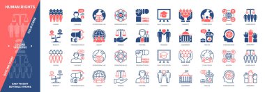 İnsan Hakları ikonu seti. İnsan Davranışı, Din, Adalet, Etnik Köken, Demokrasi, Adil Yargılama, Özgürlük, Dil. Duotone rengi katı ve düzenlenebilir dış hat simgeleri