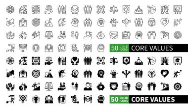 Çekirdek Değerleriyle ilgili 100 adet katı ve çizgi simgesi. Yetenek, sorumluluk, güven, basitlik, işbirliği, disiplin, doğruluk, güvenilirlik ve daha fazlasını içeriyor. Web, mobil uygulama ve bilgi grafikleri için piktogramlar