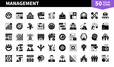 Yönetim ile ilgili 50 tane sağlam simge seti. Çalışan, çözüm, çalışma, liderlik, hedef, insan kaynakları, iletişim, ekip ve daha fazlasını içeriyor. Web, mobil uygulama ve bilgi grafikleri için piktogramlar