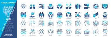 Sosyal Destek simgesi seti. Eğitim, Sosyal Ağ, Hükümet, Yardım, Psikoterapi, İş Arkadaşları, Toplum, Aile. Duotone rengi katı ve düzenlenebilir dış hat simgeleri