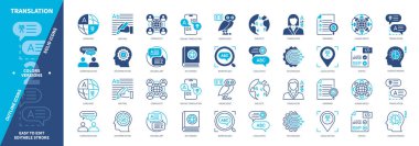 Çeviri simgesi ayarlandı. Dil becerileri, Yerelleştirme, İletişim, Çevrimiçi Çeviri, Yorum, Bilgi, Dilbilgisi, Sözlük. Duotone rengi katı ve düzenlenebilir dış hat simgeleri