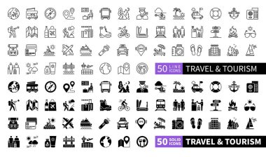 Seyahat ve Turizm ile ilgili 100 adet sağlam ve çizgi simgesi. Uçak, harita, macera, tur, doğa, yolculuk, bavul ve daha fazlasını içeriyor. Web, mobil uygulama ve bilgi grafikleri için piktogramlar