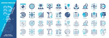 Birleşik Süreç simgesi ayarlandı. Yazılım, Başlangıç, Çerçeve, Ayrıntı, İhtiyaçlar, İnşaat, Proje, Geçiş. Duotone rengi katı ve düzenlenebilir dış hat simgeleri