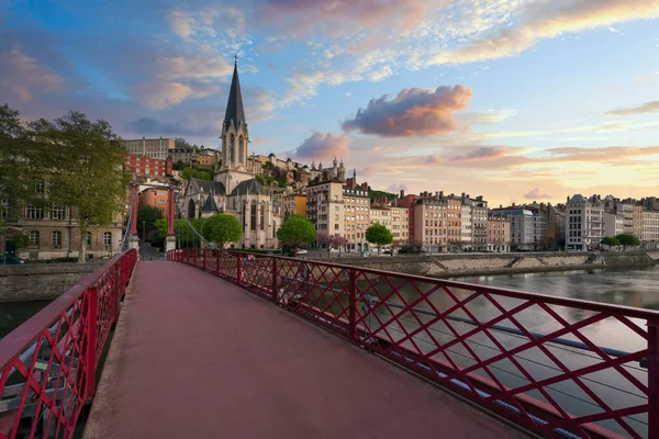 Άποψη Της Κόκκινης Γέφυρας Στον Ποταμό Saone Πρωί Λυών Γαλλία — Φωτογραφία Αρχείου