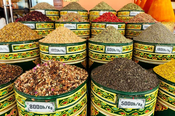 Barrels of spices in a shop in Marrakech, Morocco