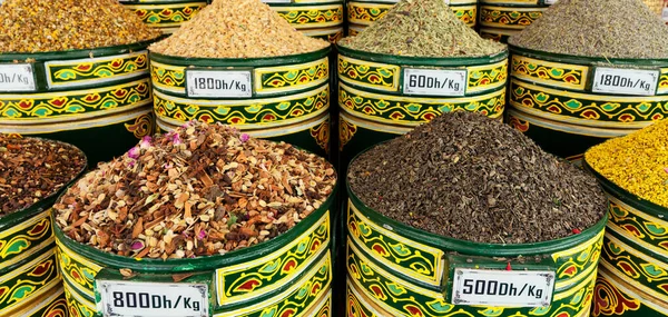 Barrels of spices in a shop in Marrakech, Morocco