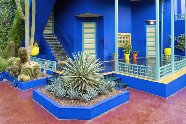 MARRAKECH, MOROCCO - DECEMBER 20, 2022: Part of famous  Majorelle house in Marrakesh, Morocco. 
