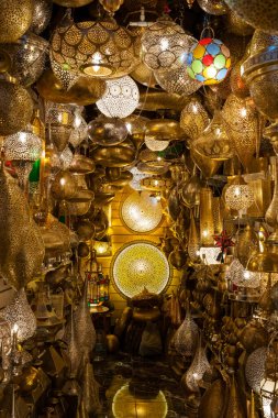 Vertical view of lighting shop in a market of marrakech, Morocco