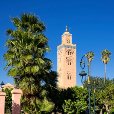 Vertical view of famous Koutoubia mosque with garden, Marrakech, Morocco.