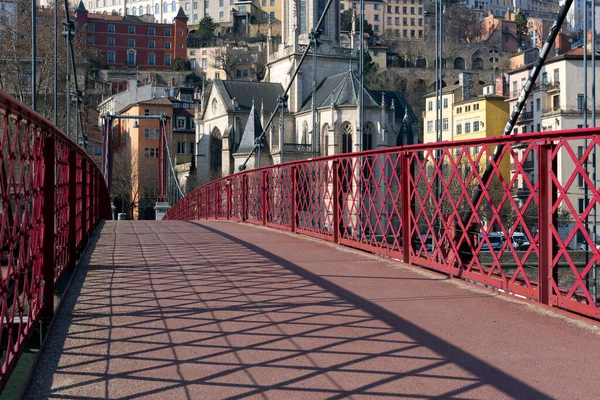 Blick Auf Die Rote Fußgängerbrücke Über Die Saone Morgen Lyon — Stockfoto