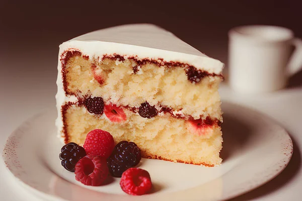 stock image Delicious, bewitching piece of cake with white cream and berries. 