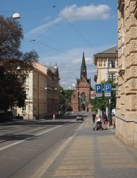 stock image BRNO, CZECH REPUBLIC - CIRCA SEPTEMBER 2022: Cerveny kostel translation Red Church protestant evangelical church of Czech brethren