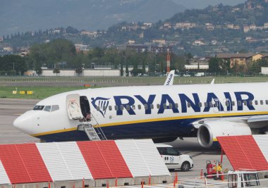 BERGAMO, ITALY - CIRCA AUGUST 2022: RyanAir Boeing 737-8AS parked at the airport