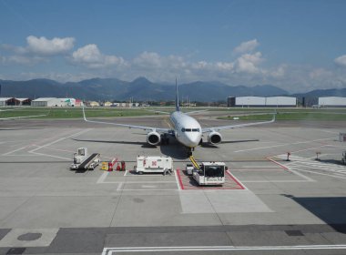 BERGAMO, ITALY - CIRCA AUGUST 2022: RyanAir Boeing 737-8AS parked at the airport