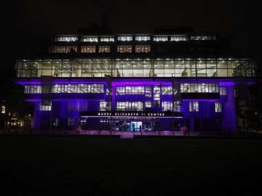 LONDON, UK - CIRCA OCTOBER 2022: Queen Elizabeth II centre designed by architects Powell and Moya at night