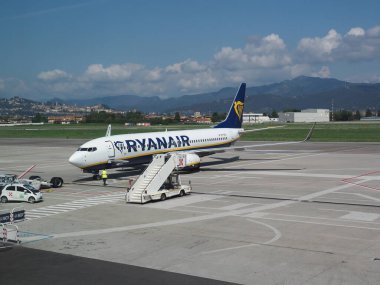 BERGAMO, ITALY - CIRCA AUGUST 2022: RyanAir Boeing 737-8AS parked at the airport
