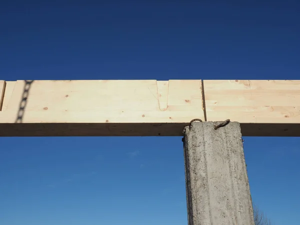 Wooden Beam Concrete Pillar Roof Construction Works Building Site — Foto Stock