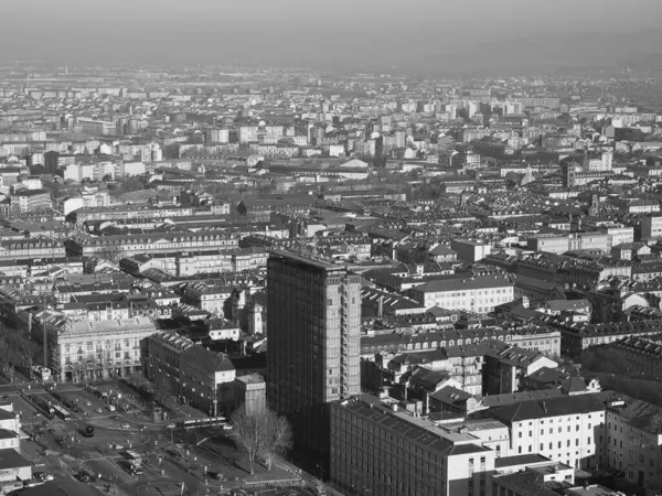 Letecký Pohled Město Turín Itálie Černobílém — Stock fotografie