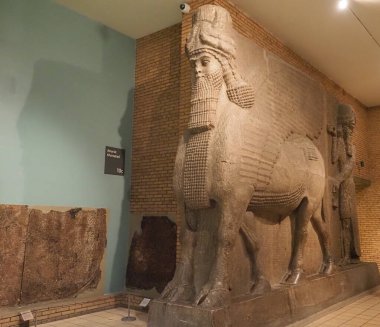 LONDON, İngiltere - CIRCA ECTOBER 2022: Sargon Sarayı 'nın Asur kanatlı boğaları MÖ 860 dolaylarında British Museum' da