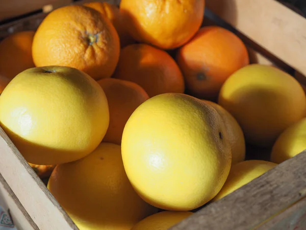 Цитрусовые Включая Апельсины Грейпфруты Деревянном Ящике — стоковое фото