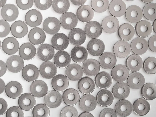Many Stainless Steel Flat Washers Light Grey Background — 스톡 사진