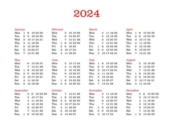 Calendário Ano 2024 Língua Inglesa —  Vetores de Stock