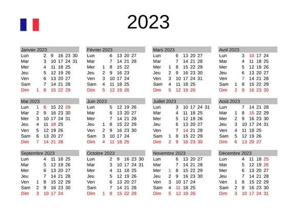 Calendario Dell Anno 2023 Lingua Francese Con Festività Francesi — Vettoriale Stock