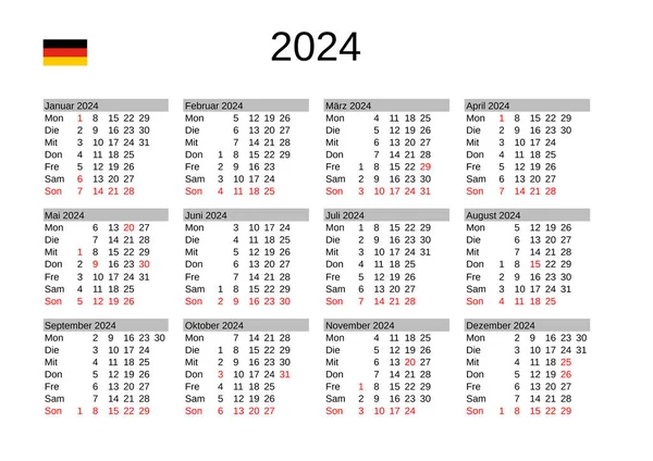 Jahreskalender 2024 Deutscher Sprache Mit Deutschen Feiertagen — Stockvektor