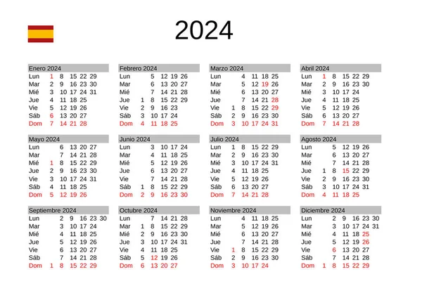 Calendario Del Año 2024 Lengua Española Con Días Festivos España — Vector de stock