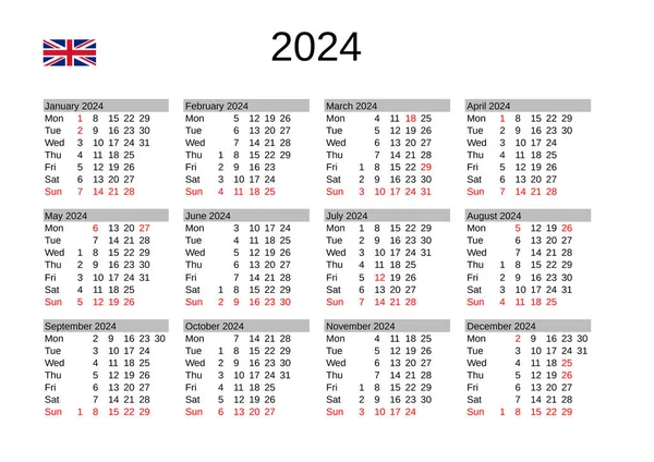 カレンダー2024年の英語祝日 — ストックベクタ