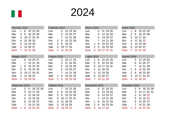 Calendrier Année 2024 Langue Italienne Avec Jours Fériés Italie — Image vectorielle