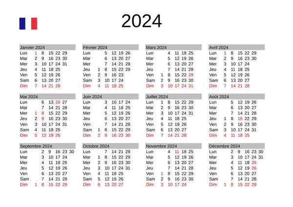 Calendario Dell Anno 2024 Lingua Francese Con Festività Francesi — Vettoriale Stock