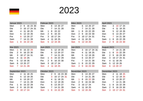 Jahreskalender 2023 Deutscher Sprache Mit Deutschen Feiertagen — Stockvektor