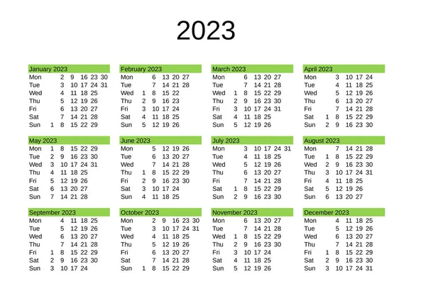 2023 Yılının Takvimi Ngilizce — Stok Vektör