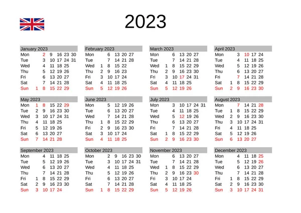 Jahreskalender 2023 Englischer Sprache Mit Feiertagen Großbritannien — Stockvektor