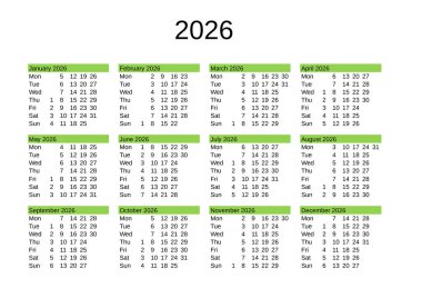 2026 yılının takvimi İngilizce