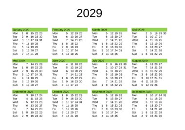 2029 yılının takvimi İngilizce