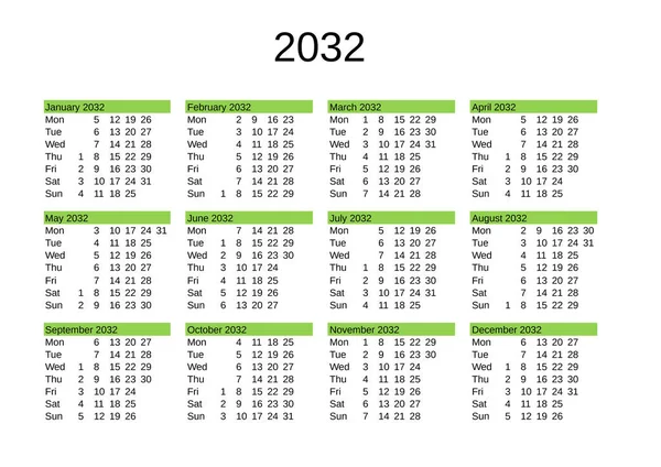 Calendario Del Año 2032 Inglés — Archivo Imágenes Vectoriales