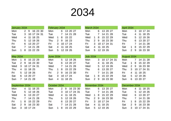 Calendario Dell Anno 2034 Lingua Inglese — Vettoriale Stock
