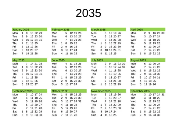 Calendario Del Año 2035 Inglés — Archivo Imágenes Vectoriales