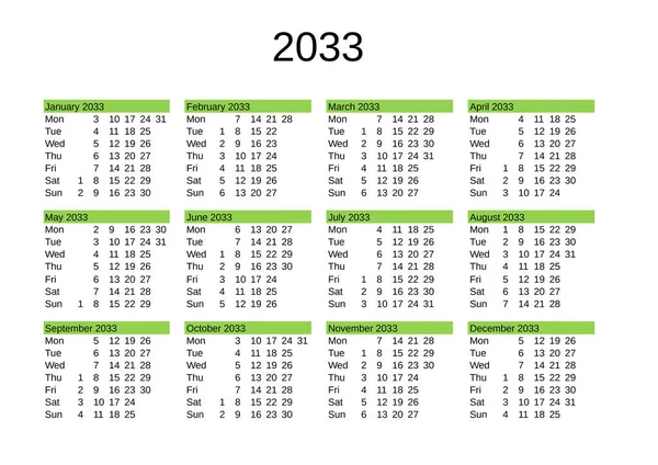 Calendário Ano 2033 Língua Inglesa —  Vetores de Stock