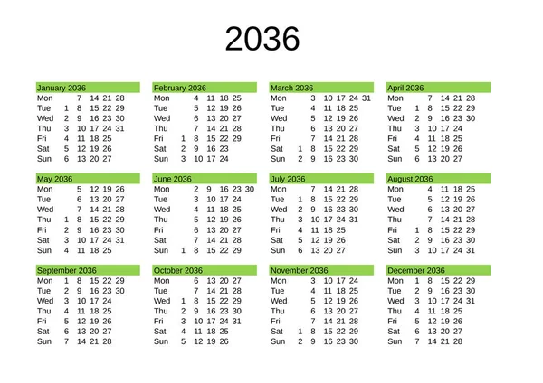 Calendario Dell Anno 2036 Lingua Inglese — Vettoriale Stock