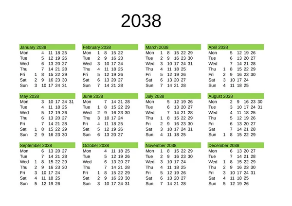 Naptára 2038 Angol Nyelven — Stock Vector