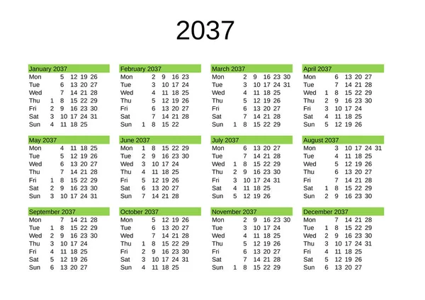Calendário Ano 2037 Língua Inglesa —  Vetores de Stock