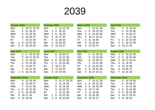 Calendario Del Año 2039 Lengua Inglesa — Archivo Imágenes Vectoriales