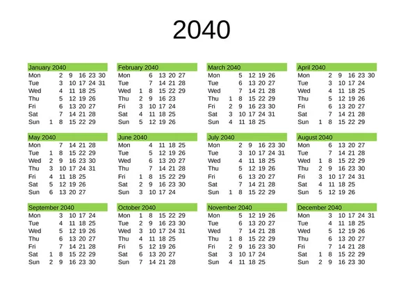 Jahreskalender 2040 Englischer Sprache — Stockvektor