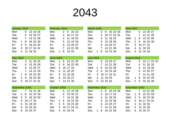 Naptára 2043 Angol Nyelven — Stock Vector